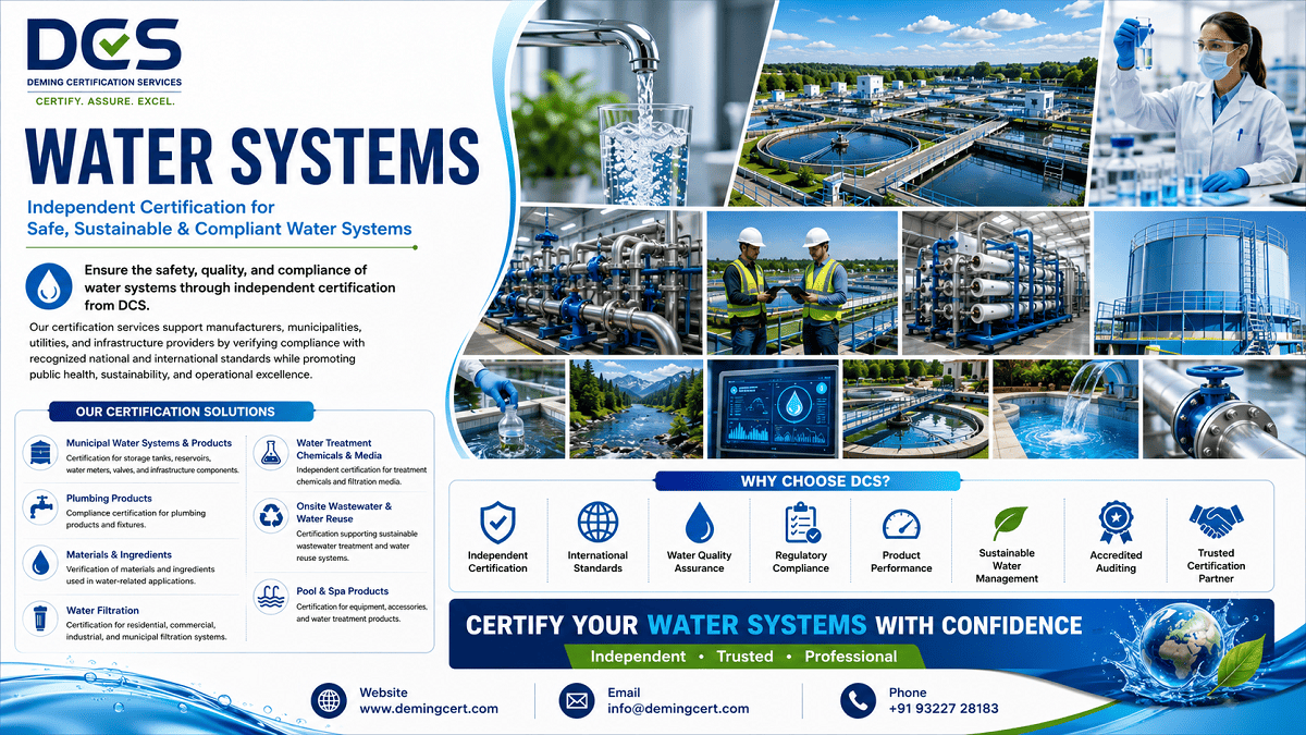 DCS Deming Certification Services Water Systems Certification banner featuring drinking water, water treatment plants, municipal water infrastructure, laboratory water testing, filtration systems, storage tanks, wastewater treatment, smart monitoring technology, engineers inspecting water systems, and sustainable water management solutions for regulatory compliance and quality assurance.